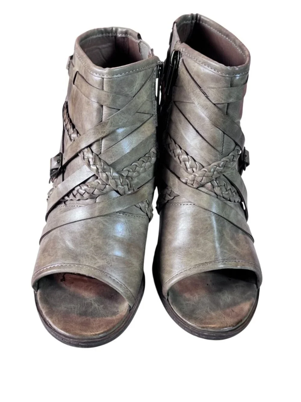 93 Vintage Bradyn Peep Toe Ankle Boots Size 9M Tan Faux Leather Strappy Heel